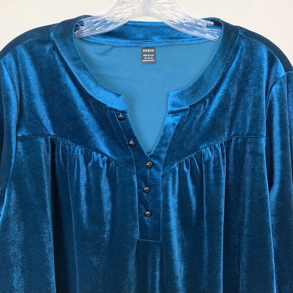 Shein Womens XL Velour Velvet Blouse Teal Holiday Party Fairy Goth Boho Popover - Picture 5 of 13